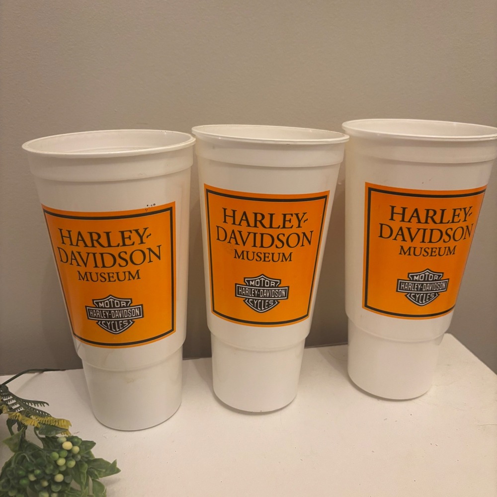 Harley Davidson Museum Plastic Stadium Cups Set of 3 White Orange Logo Souvenir